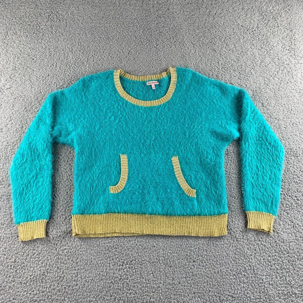 NEW Juicy Couture Sweater Womens Small Blue Turquoise Gold Fuzzy Crop Pockets